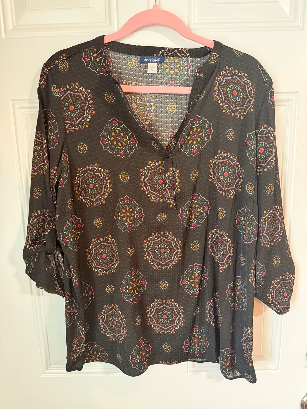 Basic Editions Black Medallion Print Tunic Top